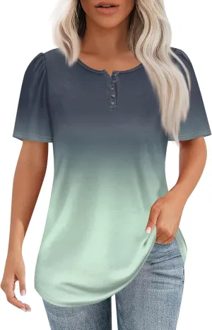 Womens Henley Short Sleeve Summer Dressy Casual Pleated Round Neck Tunic Graphic Tees With Leggings Shirts