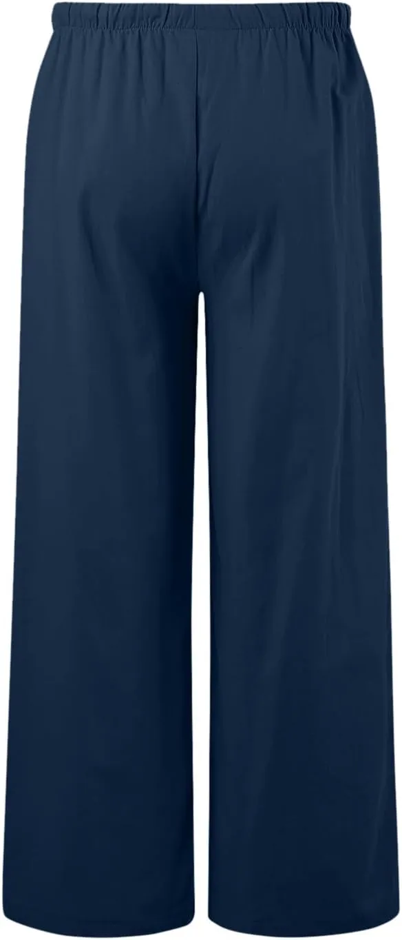 Women's High Waisted Wide Leg Pants Drawstring Elastic Trousers Summer Comfy Straight Leg Long Pants with Pockets