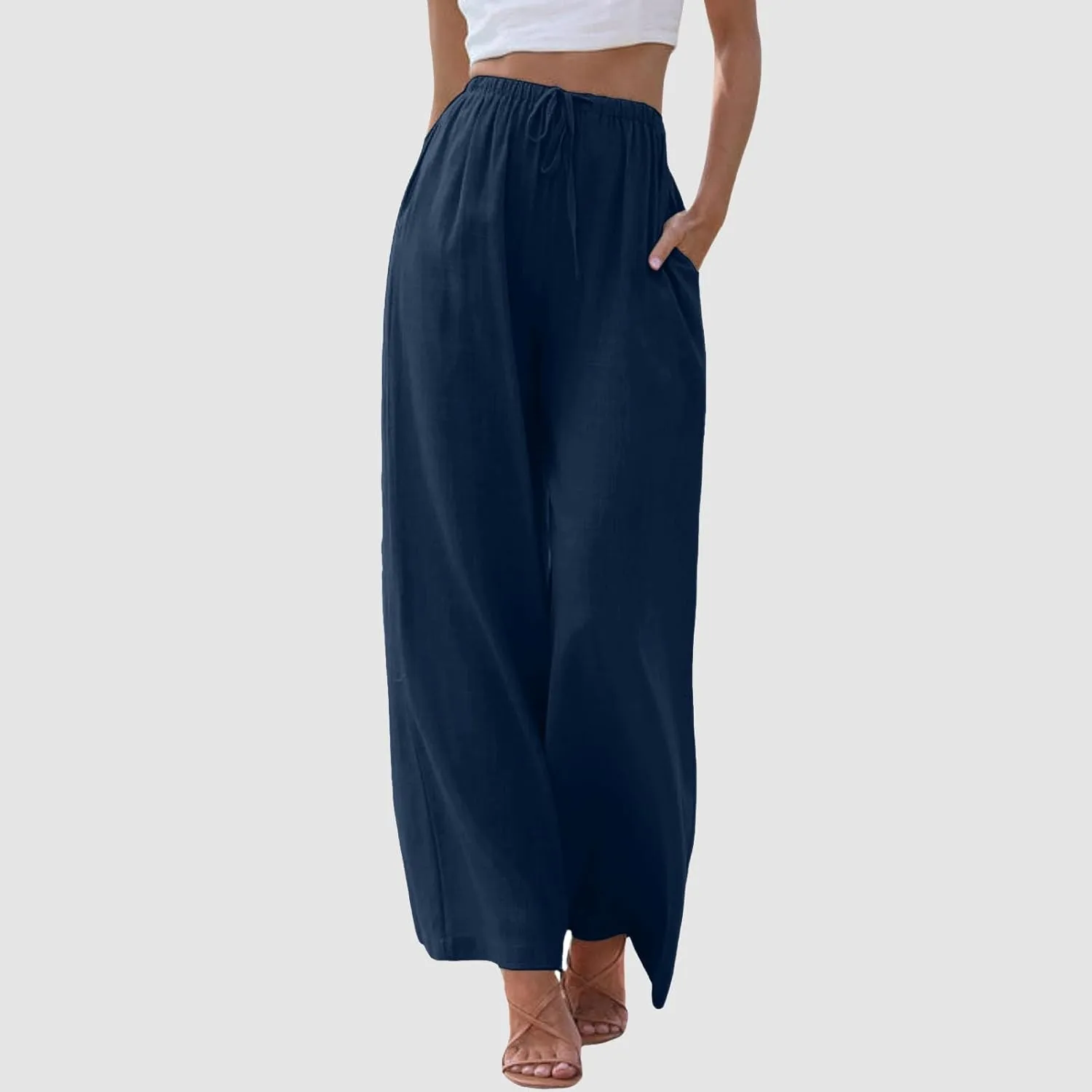 Women's High Waisted Wide Leg Pants Drawstring Elastic Trousers Summer Comfy Straight Leg Long Pants with Pockets