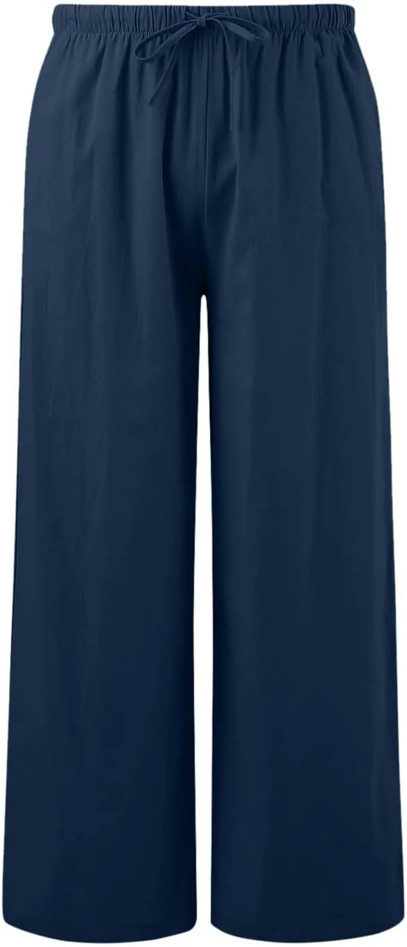 Women's High Waisted Wide Leg Pants Drawstring Elastic Trousers Summer Comfy Straight Leg Long Pants with Pockets