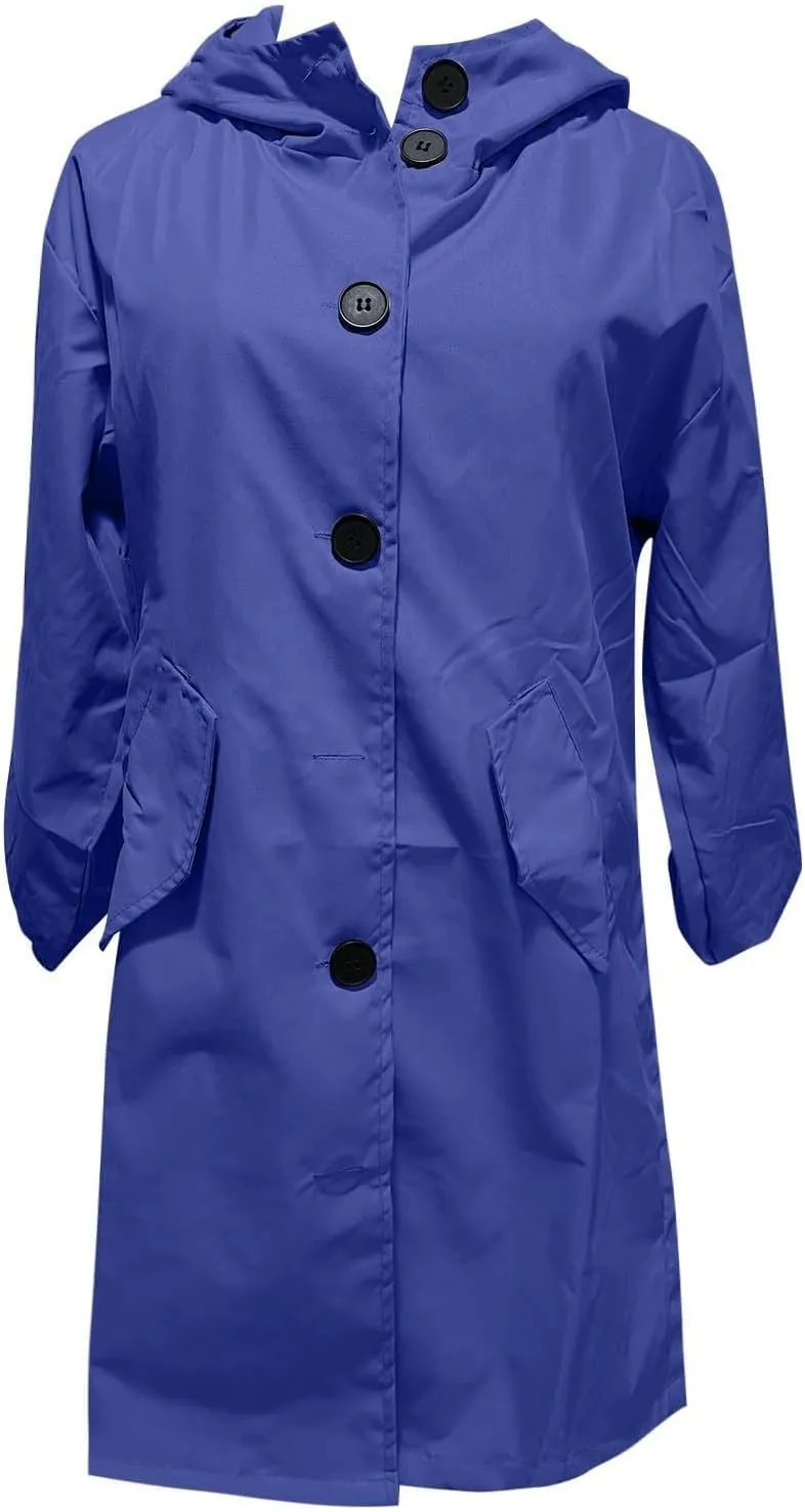 Womens Hooded Trench Coat Winter Lightweight Waterproof Rain Jacket Outdoor Button Down Oversized Windbreaker Outwear