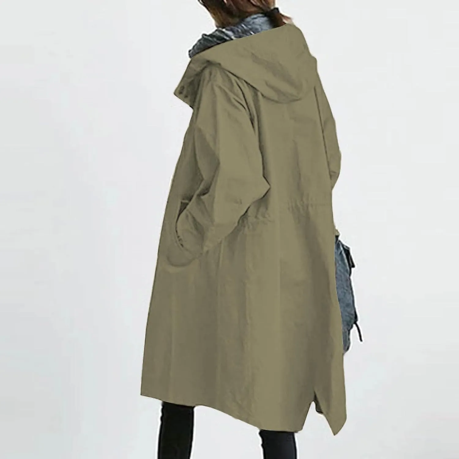 Womens Hooded Trench Coat Winter Lightweight Waterproof Rain Jacket Outdoor Button Down Oversized Windbreaker Outwear