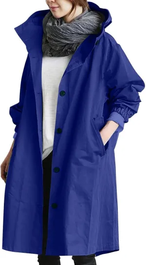 Womens Hooded Trench Coat Winter Lightweight Waterproof Rain Jacket Outdoor Button Down Oversized Windbreaker Outwear