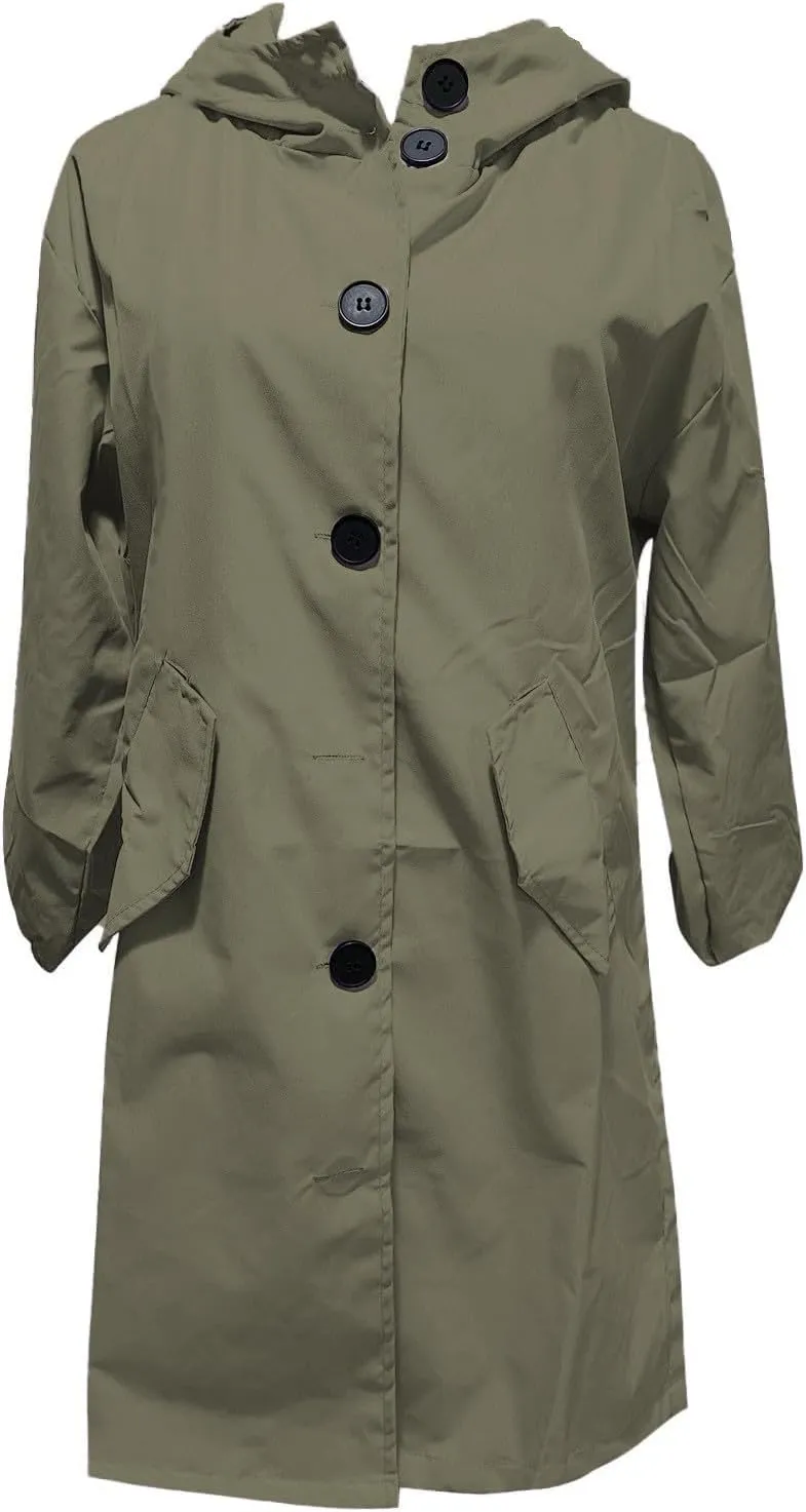 Womens Hooded Trench Coat Winter Lightweight Waterproof Rain Jacket Outdoor Button Down Oversized Windbreaker Outwear