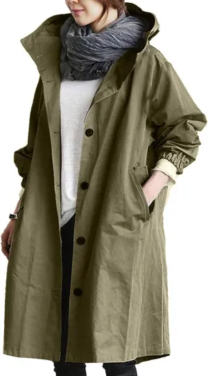 Womens Hooded Trench Coat Winter Lightweight Waterproof Rain Jacket Outdoor Button Down Oversized Windbreaker Outwear