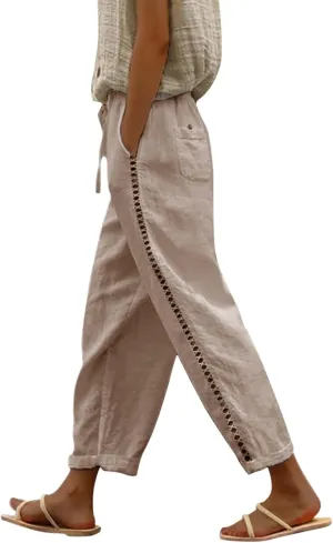 Womens Linen Pants with Pockets Drawstring Capri Pants with Pockets Wide Leg Cropped Pants Pants Drawstring Loose
