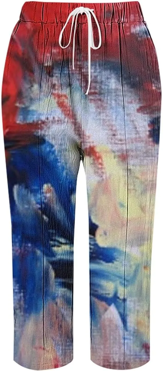 Womens Linen Pants with Pockets Drawstring Capri Pants with Pockets Wide Leg Cropped Pants Pants Drawstring Loose