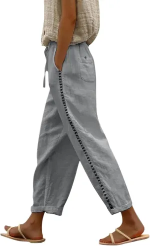 Womens Linen Pants with Pockets Drawstring Capri Pants with Pockets Wide Leg Cropped Pants Pants Drawstring Loose