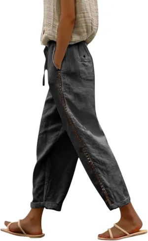 Womens Linen Pants with Pockets Drawstring Capri Pants with Pockets Wide Leg Cropped Pants Pants Drawstring Loose