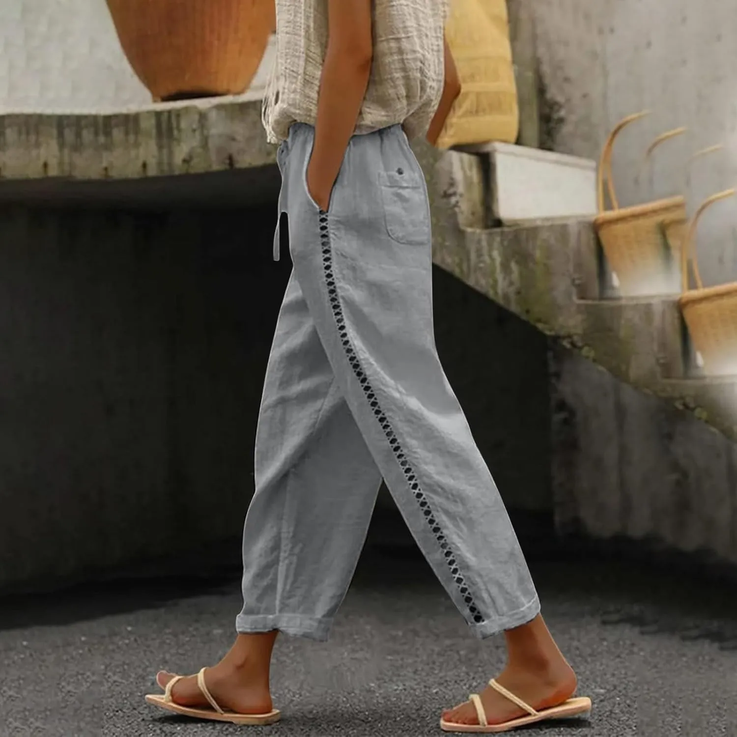 Womens Linen Pants with Pockets Drawstring Capri Pants with Pockets Wide Leg Cropped Pants Pants Drawstring Loose