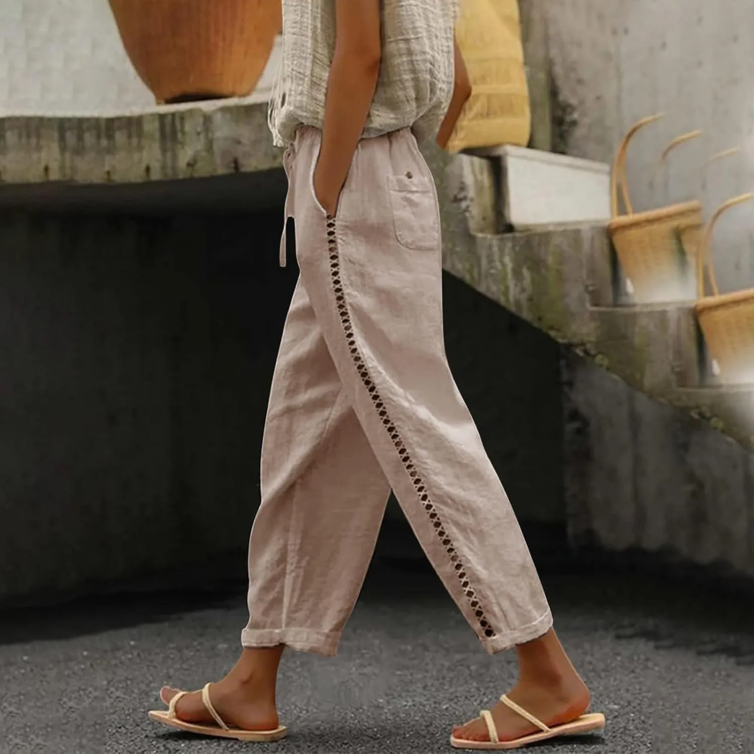 Womens Linen Pants with Pockets Drawstring Capri Pants with Pockets Wide Leg Cropped Pants Pants Drawstring Loose