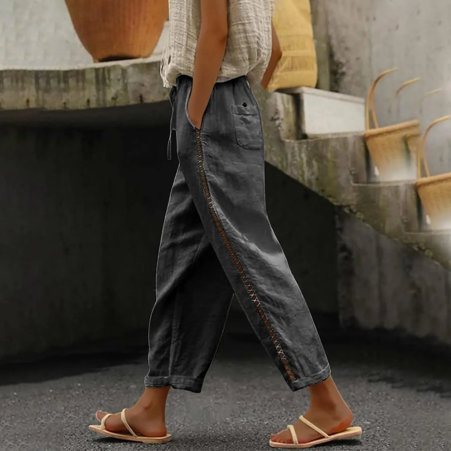 Womens Linen Pants with Pockets Drawstring Capri Pants with Pockets Wide Leg Cropped Pants Pants Drawstring Loose