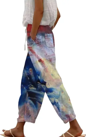 Womens Linen Pants with Pockets Drawstring Capri Pants with Pockets Wide Leg Cropped Pants Pants Drawstring Loose