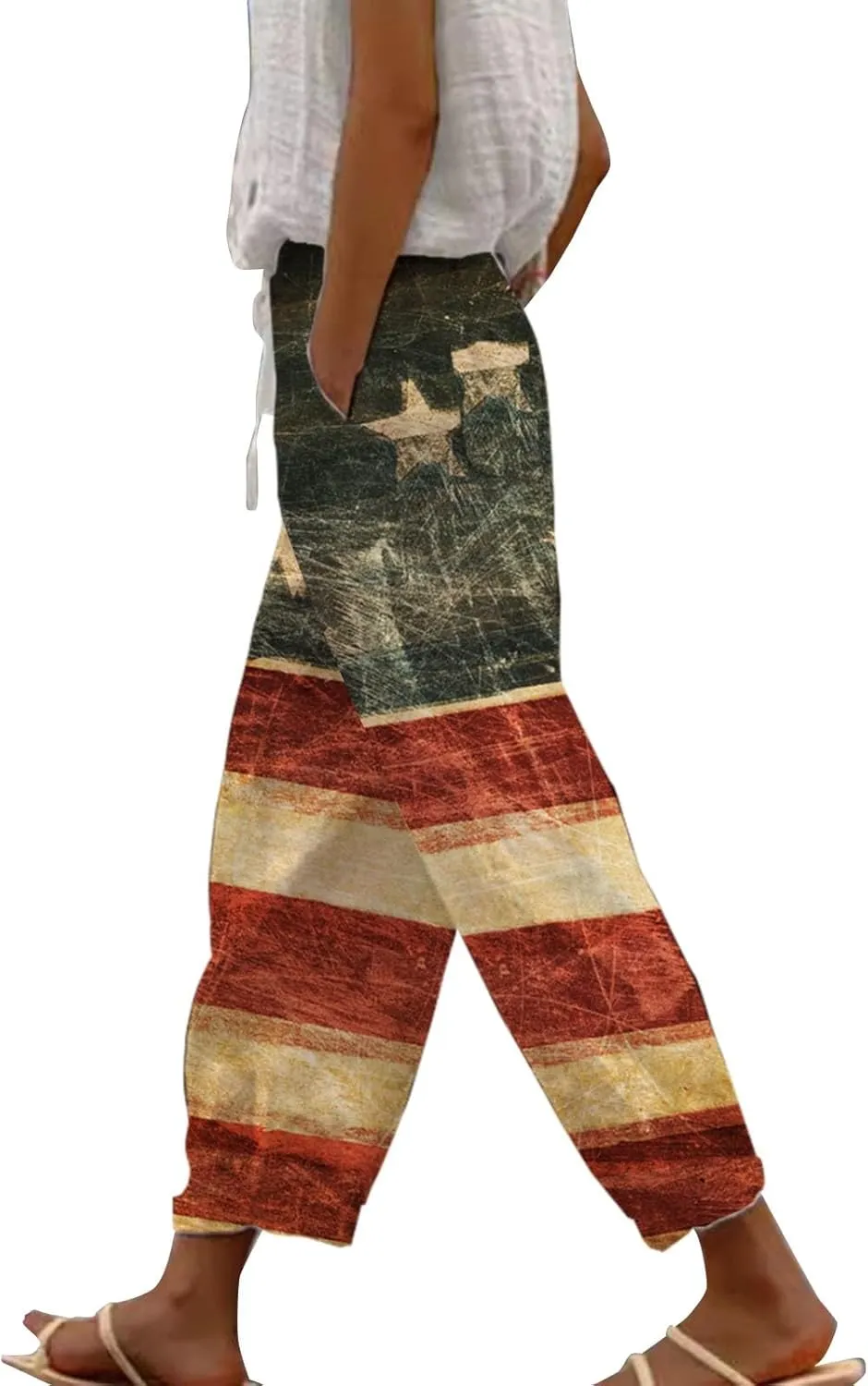 Womens Linen Pants with Pockets Drawstring Capri Pants with Pockets Wide Leg Cropped Pants Pants Drawstring Loose