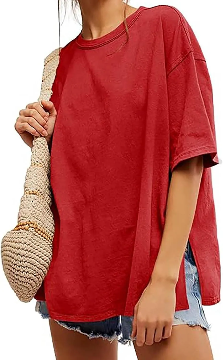 Womens Oversized Fashion Athletic T-Shirts Summer Casual Short Sleeve Crewneck Side Slit Loose Fit Tunic Tops