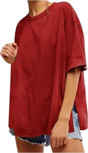Womens Oversized Fashion Athletic T-Shirts Summer Casual Short Sleeve Crewneck Side Slit Loose Fit Tunic Tops