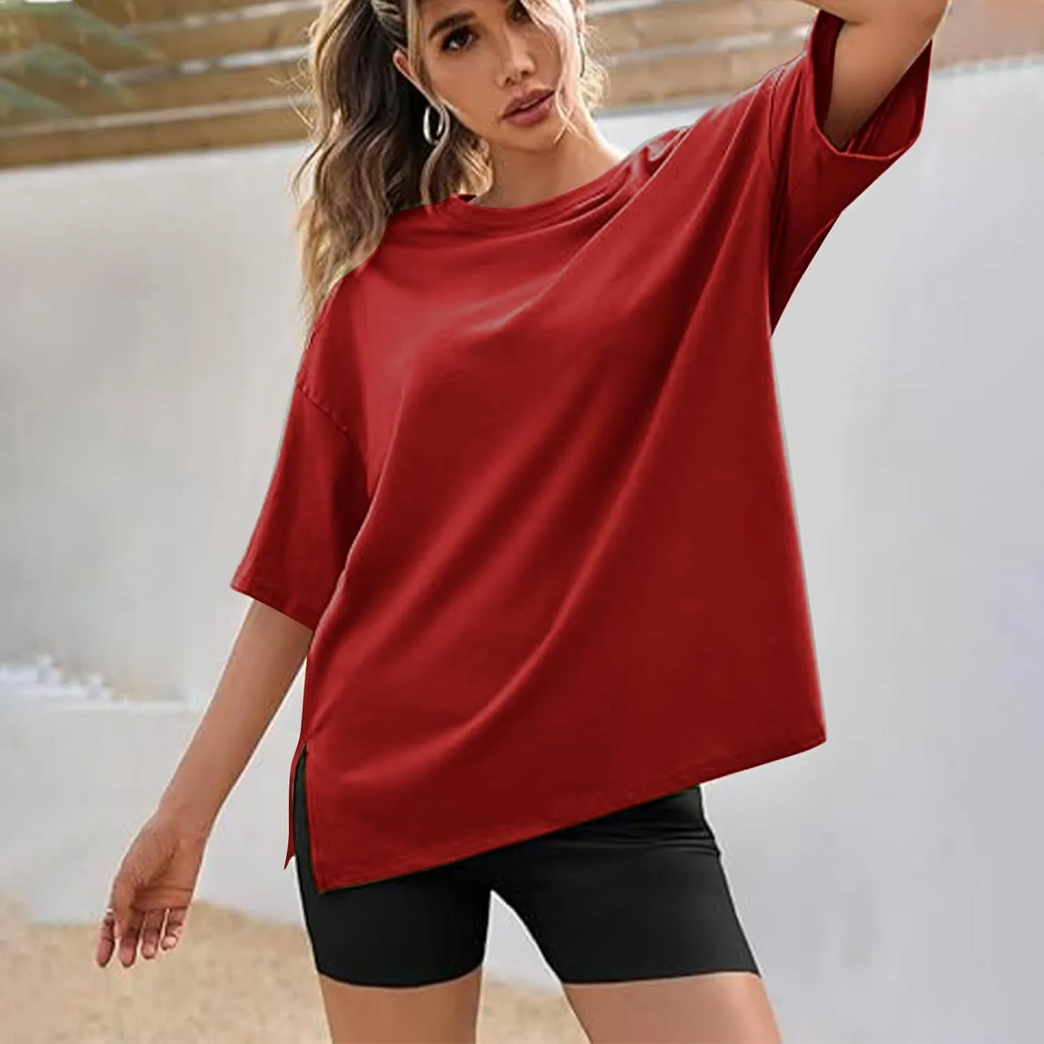 Womens Oversized Fashion Athletic T-Shirts Summer Casual Short Sleeve Crewneck Side Slit Loose Fit Tunic Tops