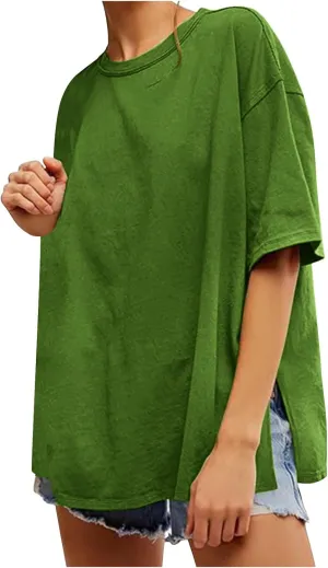 Womens Oversized Fashion Athletic T-Shirts Summer Casual Short Sleeve Crewneck Side Slit Loose Fit Tunic Tops