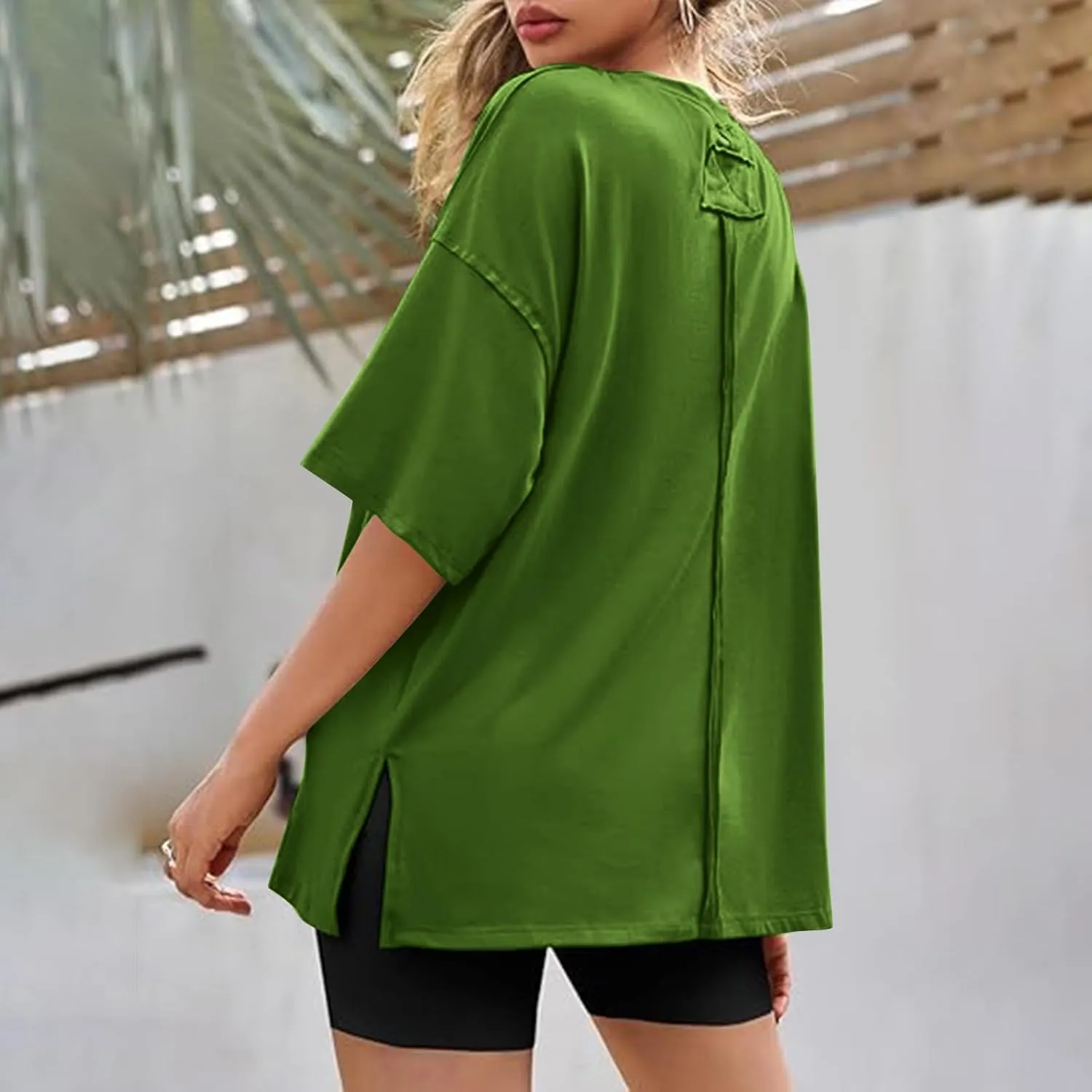 Womens Oversized Fashion Athletic T-Shirts Summer Casual Short Sleeve Crewneck Side Slit Loose Fit Tunic Tops