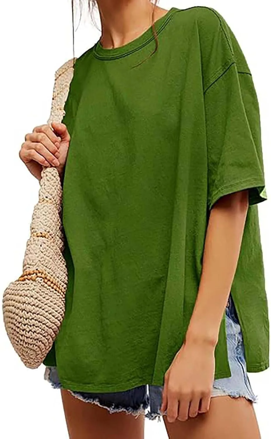 Womens Oversized Fashion Athletic T-Shirts Summer Casual Short Sleeve Crewneck Side Slit Loose Fit Tunic Tops