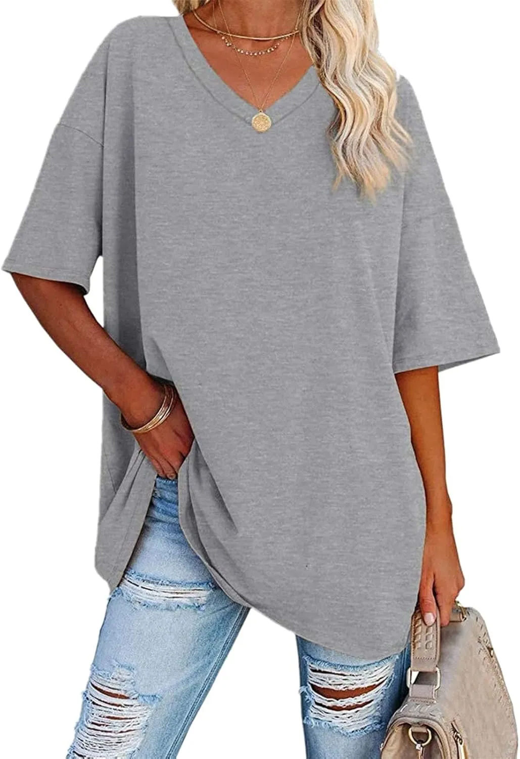 Women's Oversized T Shirts V Neck Striped Tees Summer Half Sleeve Casual Comfy Cozy Cotton Tunic Tops Plus Size 2025