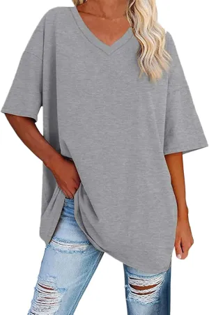 Women's Oversized T Shirts V Neck Striped Tees Summer Half Sleeve Casual Comfy Cozy Cotton Tunic Tops Plus Size 2025