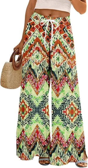 Womens Pants Wide Leg High Waistd Beach 2025 Pants Side Split Drawstring Elastic Waist Floral Print Pockets Trousers
