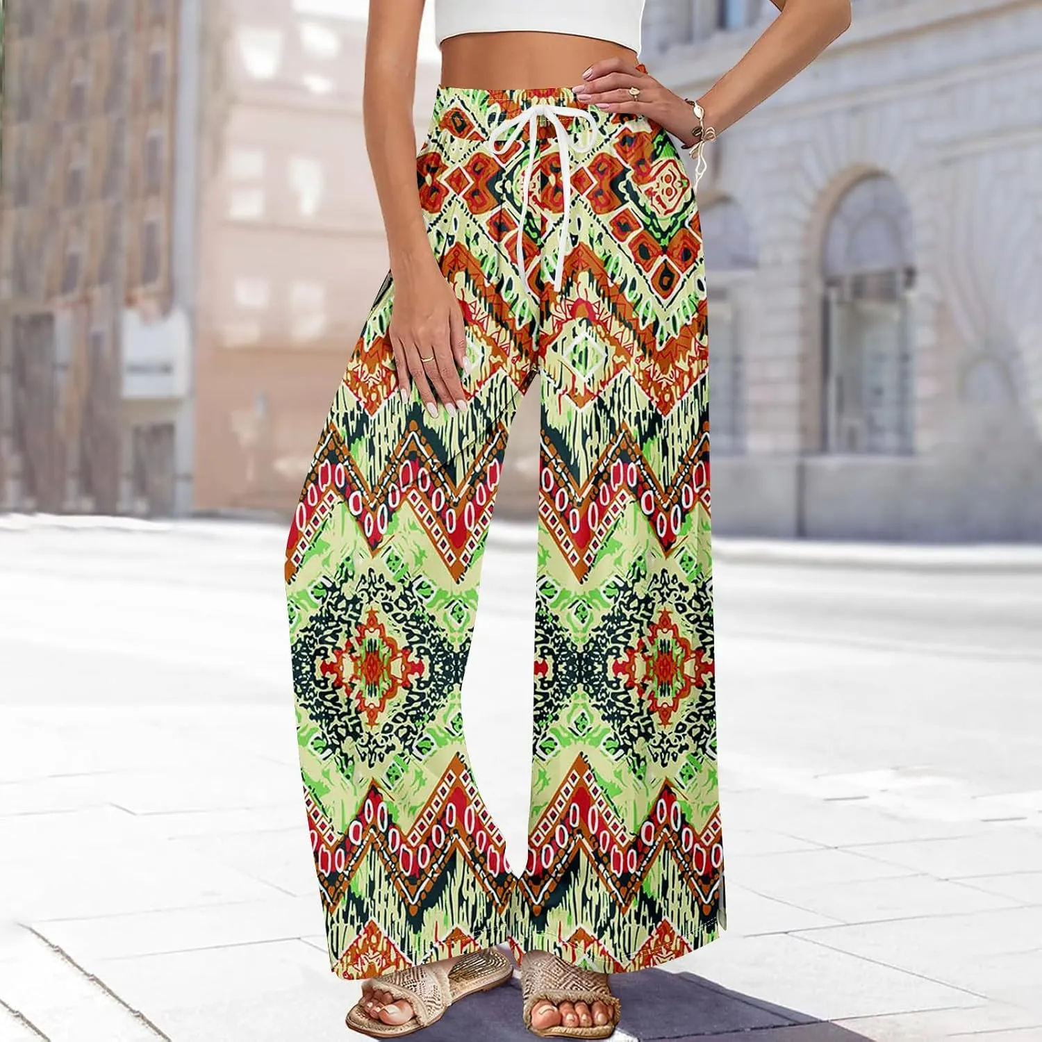 Womens Pants Wide Leg High Waistd Beach 2025 Pants Side Split Drawstring Elastic Waist Floral Print Pockets Trousers