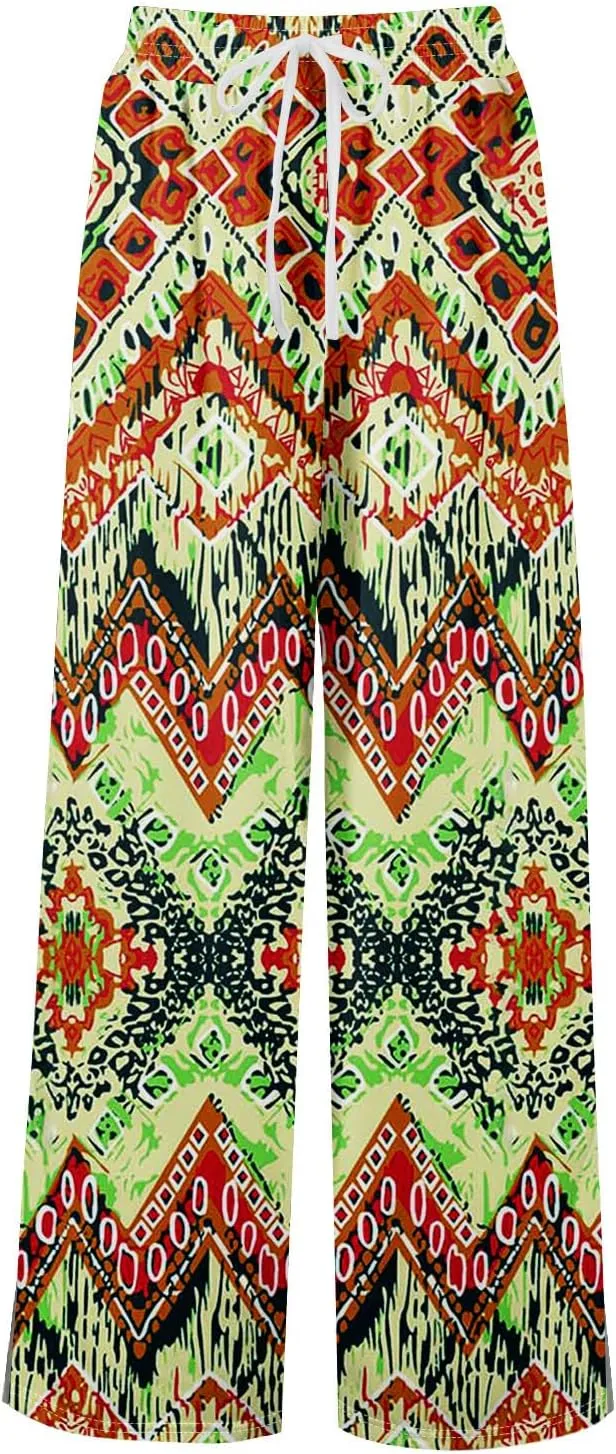 Womens Pants Wide Leg High Waistd Beach 2025 Pants Side Split Drawstring Elastic Waist Floral Print Pockets Trousers