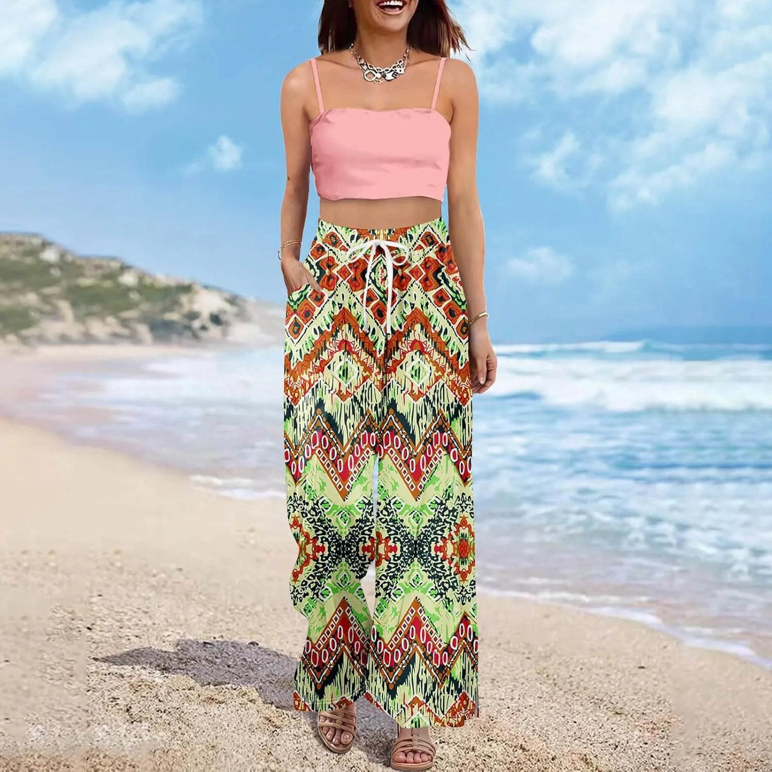 Womens Pants Wide Leg High Waistd Beach 2025 Pants Side Split Drawstring Elastic Waist Floral Print Pockets Trousers