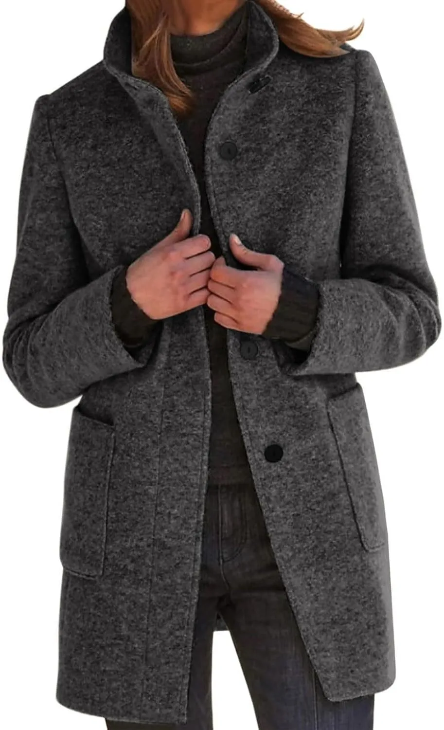 Womens Pea Coat Thicken Stand Collar Single Breasted Peacoat Wool Blend Trench Coat Casual Winter Jacket with Pocket
