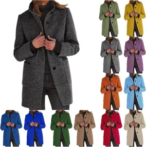 Womens Pea Coat Thicken Stand Collar Single Breasted Peacoat Wool Blend Trench Coat Casual Winter Jacket with Pocket