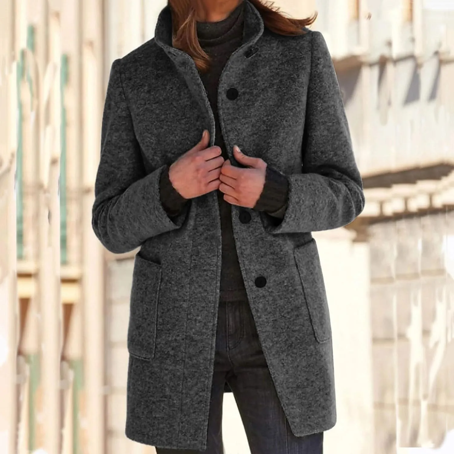 Womens Pea Coat Thicken Stand Collar Single Breasted Peacoat Wool Blend Trench Coat Casual Winter Jacket with Pocket