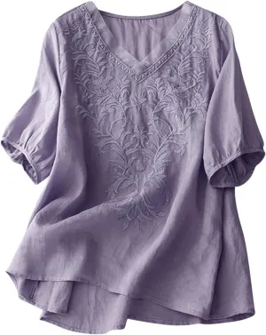 Womens Peasant Tops and Blouses Mexican V Neck Cotton Linen T-Shirts Summer Embroidered Short Sleeve Blouse