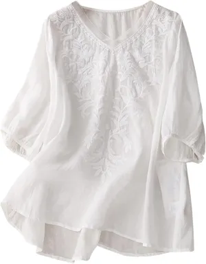Womens Peasant Tops and Blouses Mexican V Neck Cotton Linen T-Shirts Summer Embroidered Short Sleeve Blouse