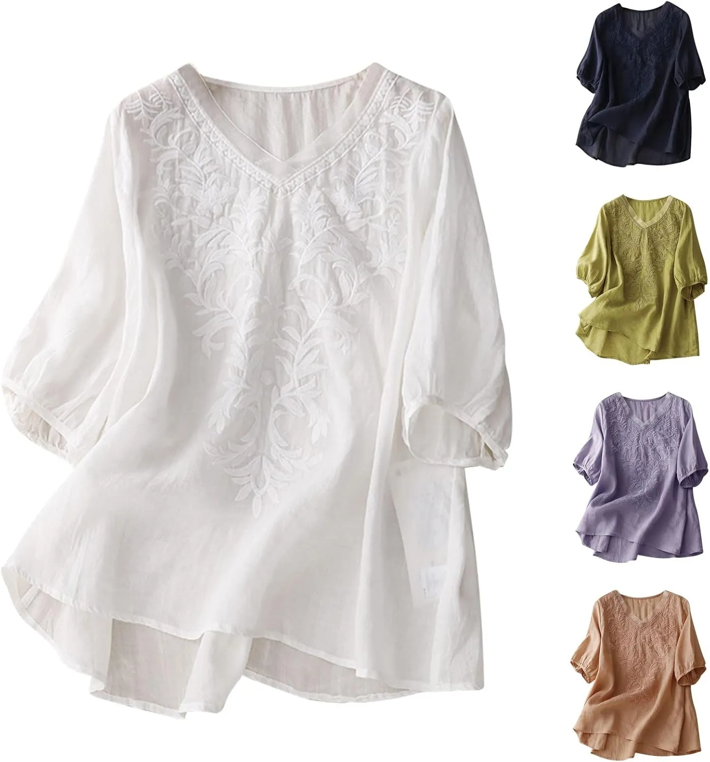 Womens Peasant Tops and Blouses Mexican V Neck Cotton Linen T-Shirts Summer Embroidered Short Sleeve Blouse