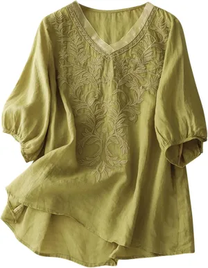 Womens Peasant Tops and Blouses Mexican V Neck Cotton Linen T-Shirts Summer Embroidered Short Sleeve Blouse