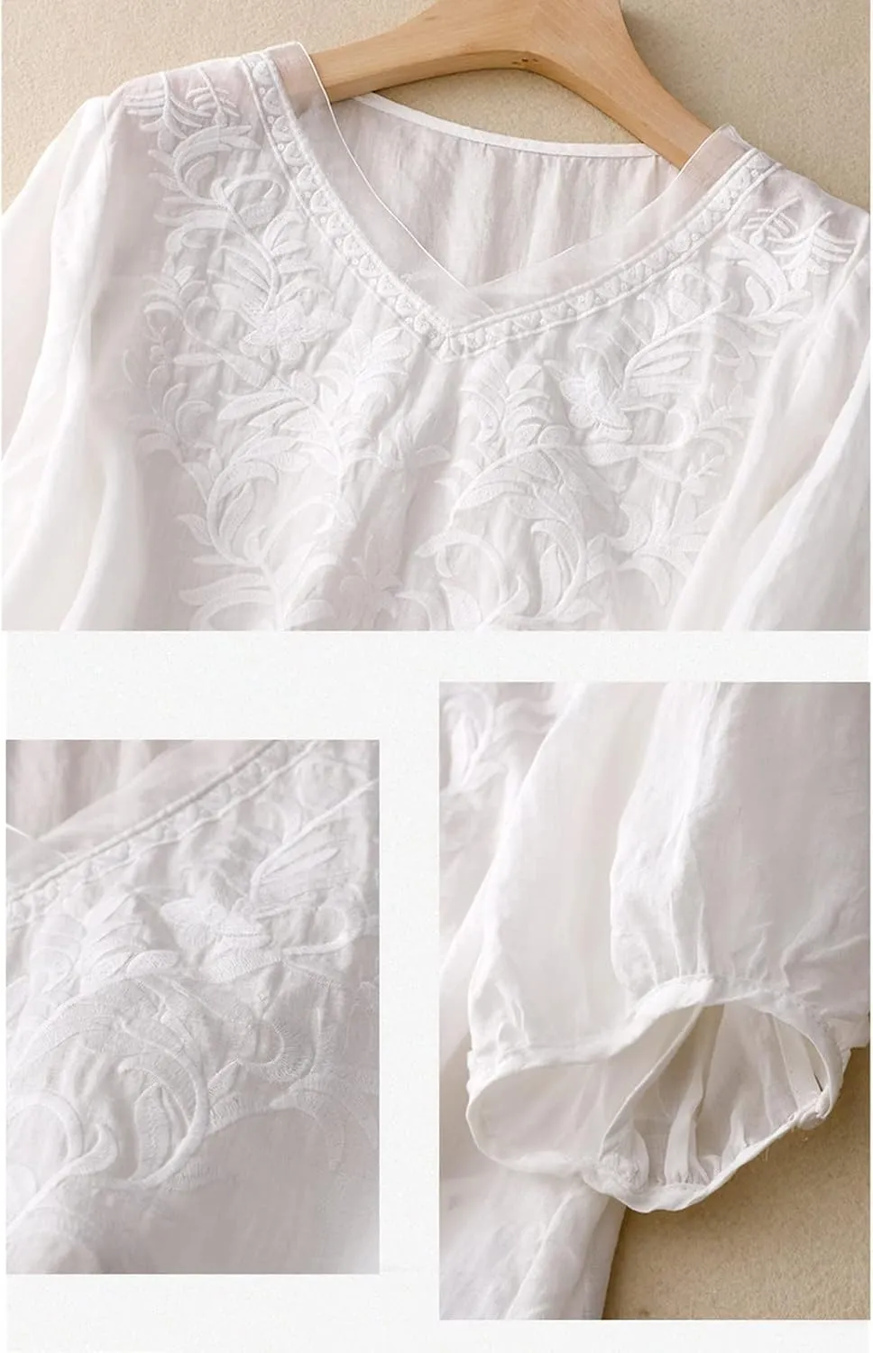 Womens Peasant Tops and Blouses Mexican V Neck Cotton Linen T-Shirts Summer Embroidered Short Sleeve Blouse