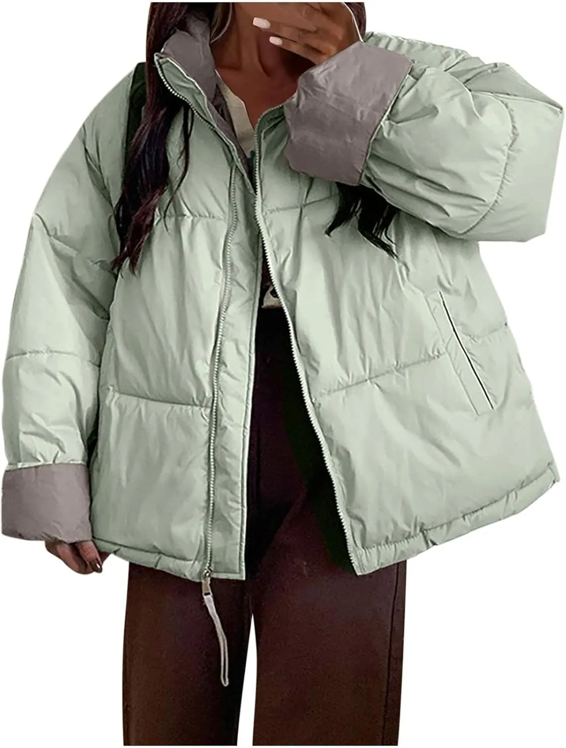 Womens Puffer Coat Quilted Sherpa Fleece Lined Puffy Jackets Full Zip Up Bomber Winter Warm Outwear Pockets