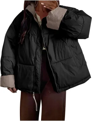 Womens Puffer Coat Quilted Sherpa Fleece Lined Puffy Jackets Full Zip Up Bomber Winter Warm Outwear Pockets