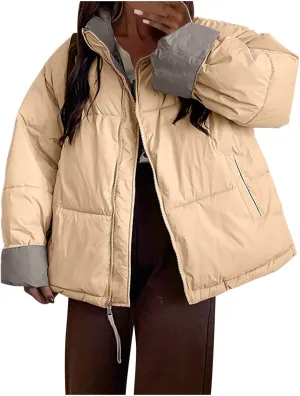 Womens Puffer Coat Quilted Sherpa Fleece Lined Puffy Jackets Full Zip Up Bomber Winter Warm Outwear Pockets