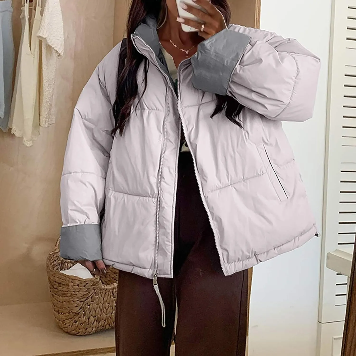 Womens Puffer Coat Quilted Sherpa Fleece Lined Puffy Jackets Full Zip Up Bomber Winter Warm Outwear Pockets