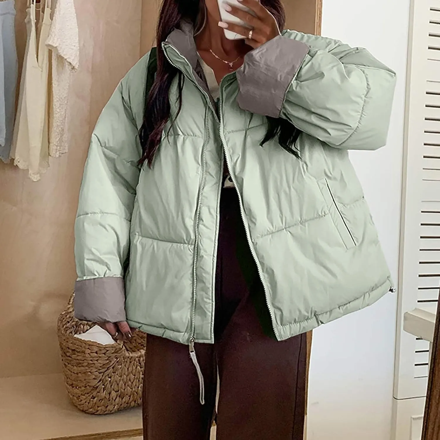 Womens Puffer Coat Quilted Sherpa Fleece Lined Puffy Jackets Full Zip Up Bomber Winter Warm Outwear Pockets