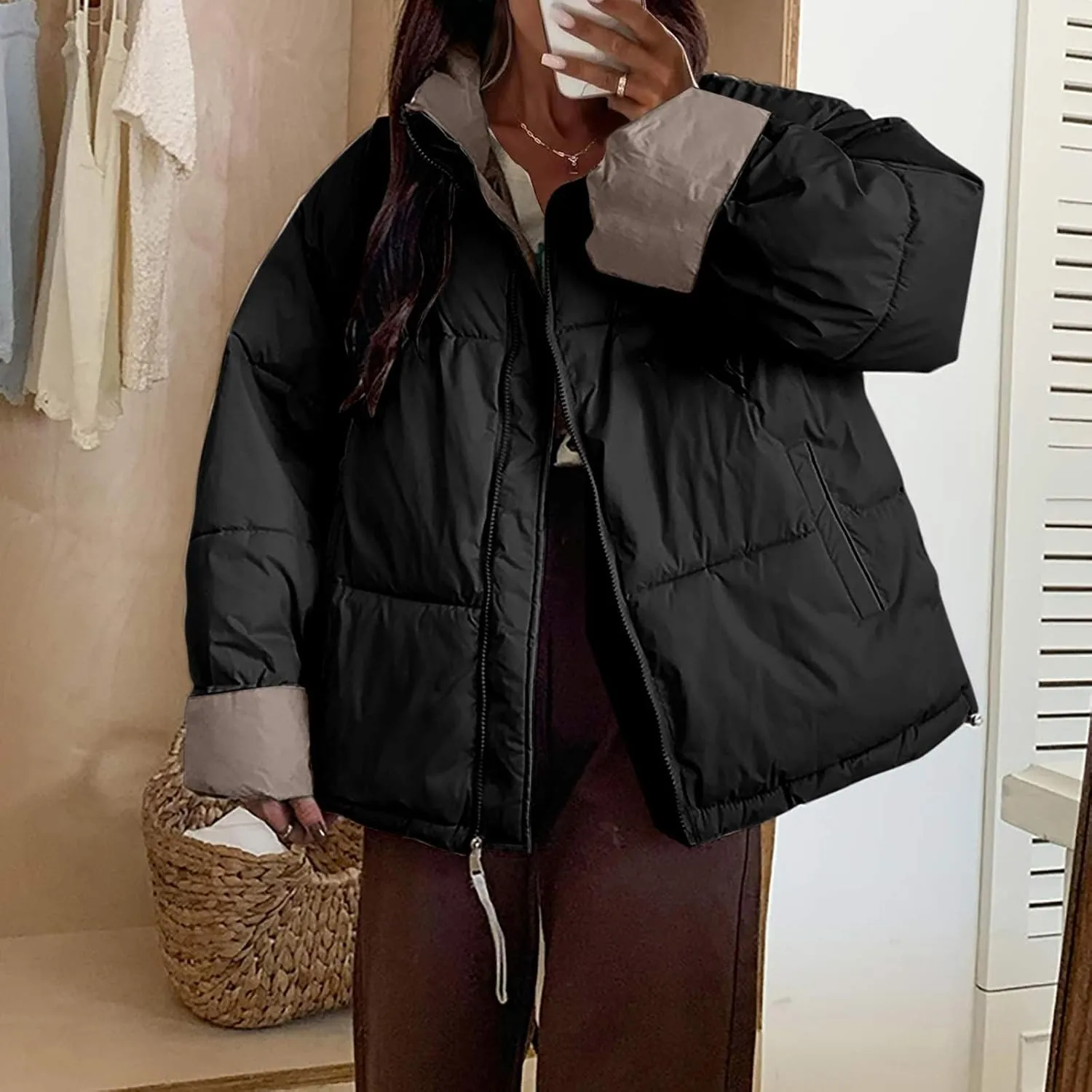 Womens Puffer Coat Quilted Sherpa Fleece Lined Puffy Jackets Full Zip Up Bomber Winter Warm Outwear Pockets