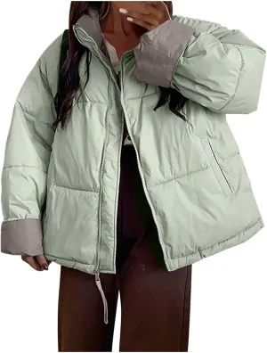 Womens Puffer Coat Quilted Sherpa Fleece Lined Puffy Jackets Full Zip Up Bomber Winter Warm Outwear Pockets