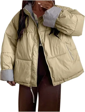 Womens Puffer Coat Quilted Sherpa Fleece Lined Puffy Jackets Full Zip Up Bomber Winter Warm Outwear Pockets