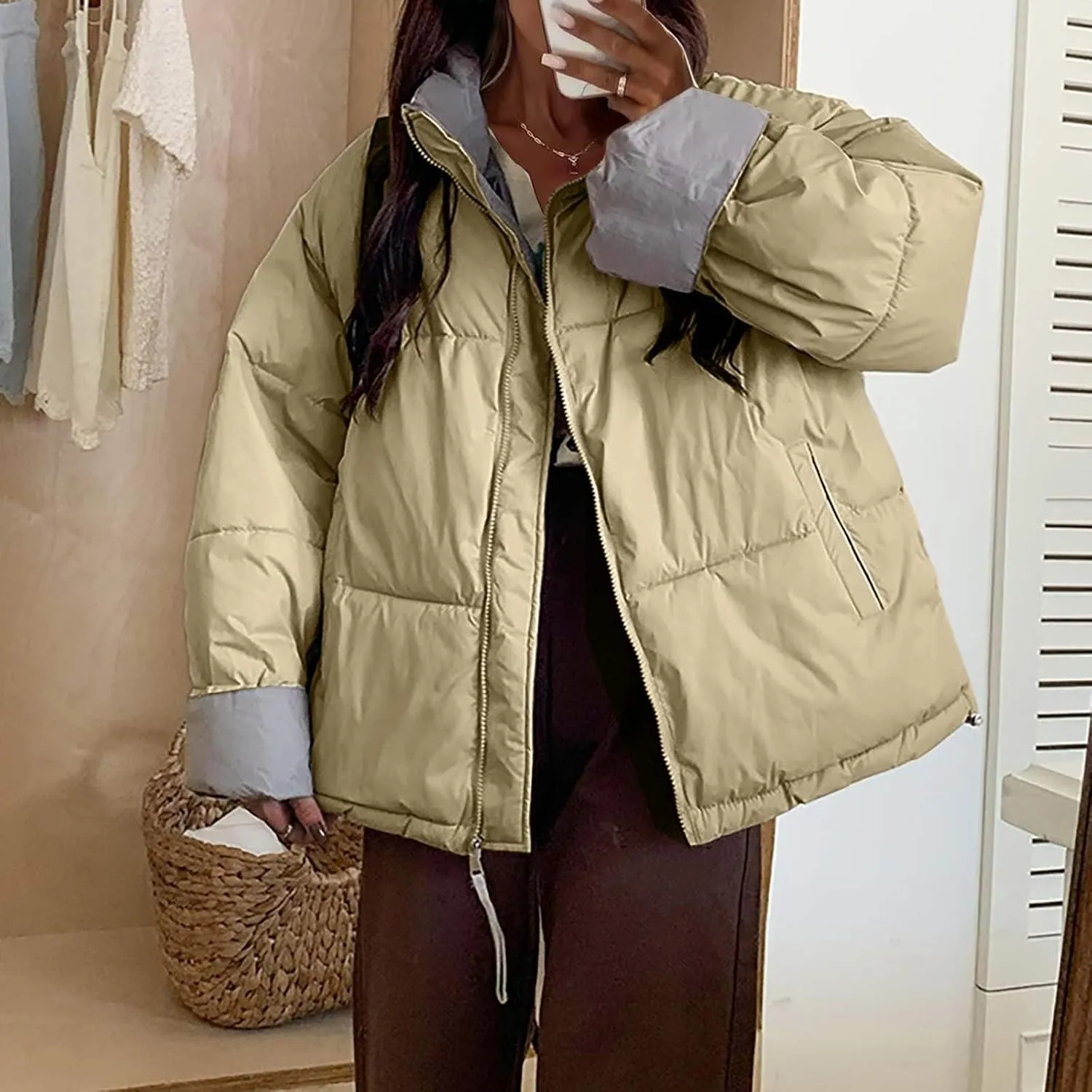 Womens Puffer Coat Quilted Sherpa Fleece Lined Puffy Jackets Full Zip Up Bomber Winter Warm Outwear Pockets