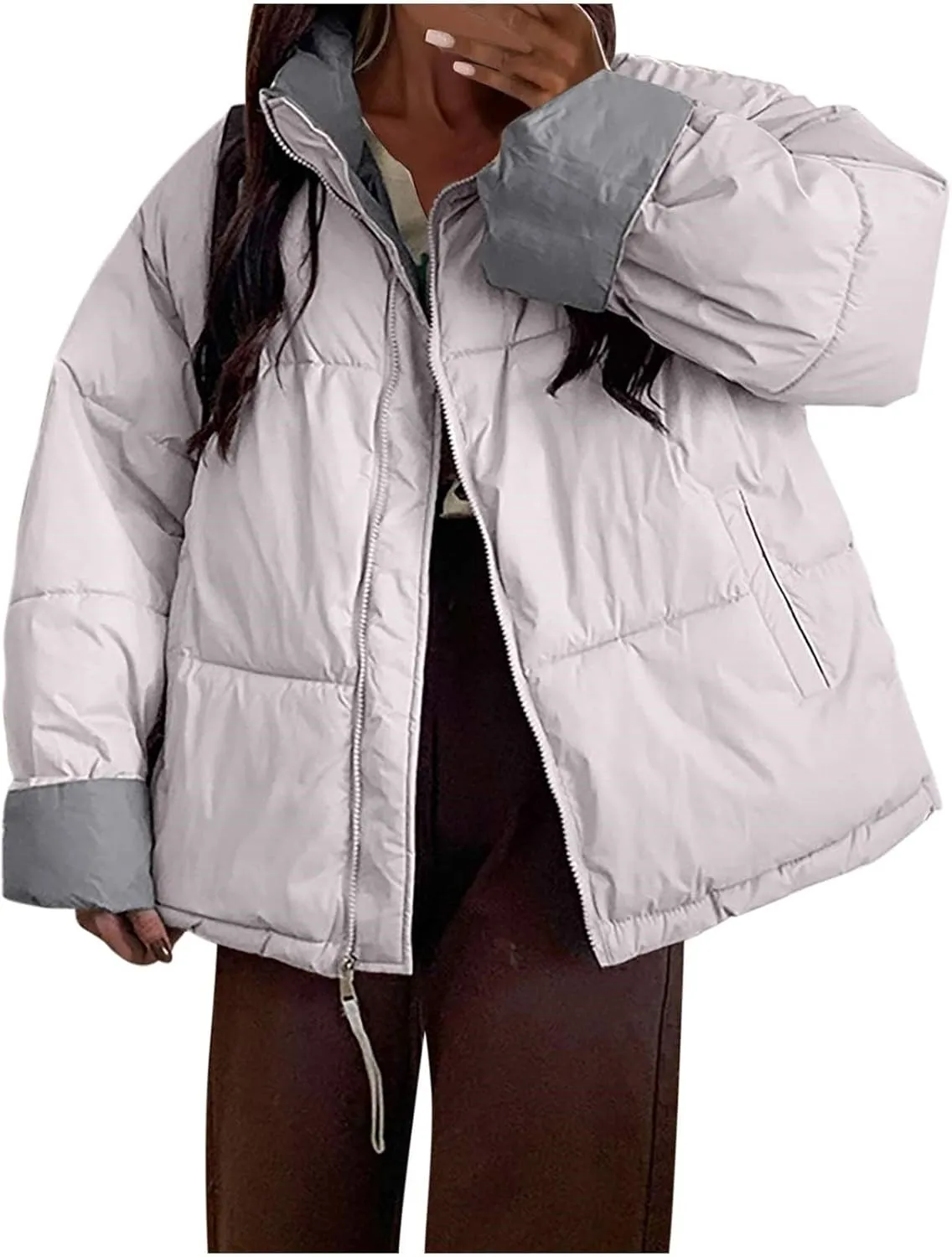 Womens Puffer Coat Quilted Sherpa Fleece Lined Puffy Jackets Full Zip Up Bomber Winter Warm Outwear Pockets