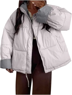 Womens Puffer Coat Quilted Sherpa Fleece Lined Puffy Jackets Full Zip Up Bomber Winter Warm Outwear Pockets