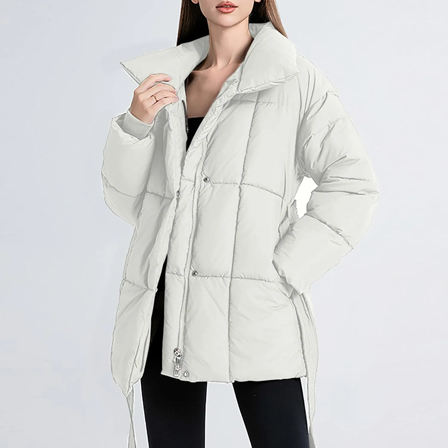 Womens Puffer Jacket Trendy Warm Thick Winter Down Coat Casual Lapel Puffy Padded Quilted Jacket Outwear with Belt